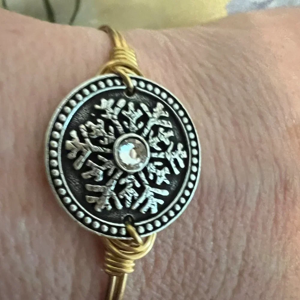 Luca and Danni - Snowflake Bangle Bracelet w/Crystal - Regular Size - Brass Tone - Picture 2 of 5